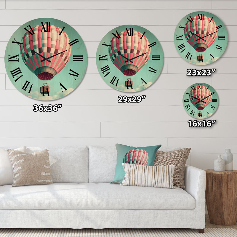 Horloge murale rétro ballon à air chaud paysage II - montgolfière en bois, Très grand