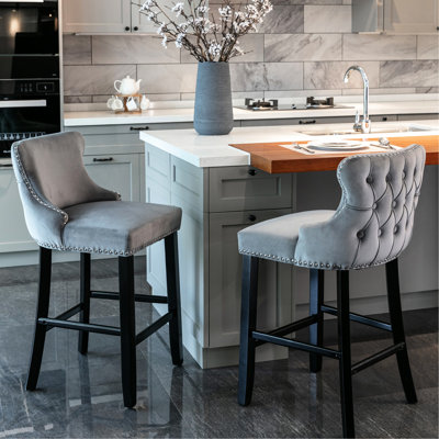 Velvet Upholstered With Button Tufting, Trim & Wooden Legs, Gray, 2 Chairs , Sw1824gy, Leisure Seating Option Contemporary Gray , Decoration, Legs And Trim, 2 - Alluring Bar