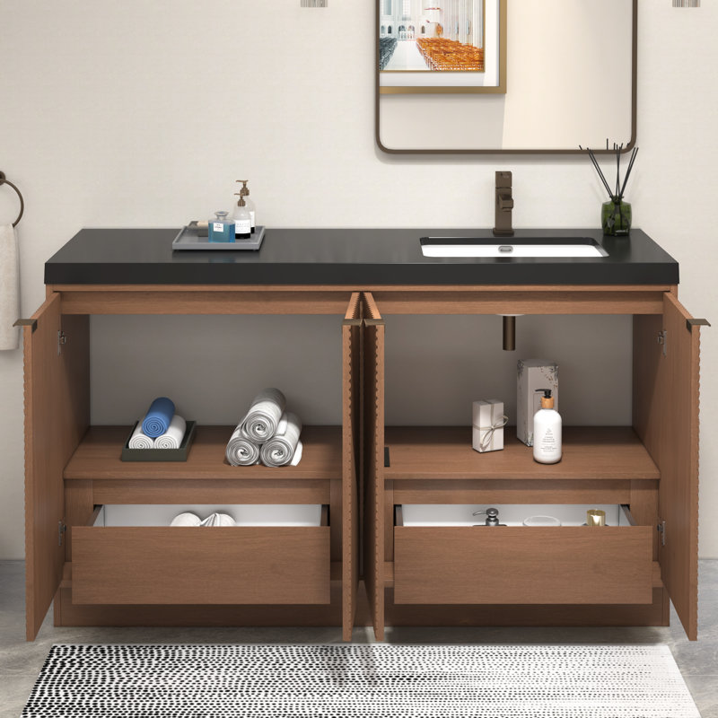 Monterey 59" Inch Freestanding Bathroom Vanity + Reinforced Black Acrylic Left Sink, Left, Brown