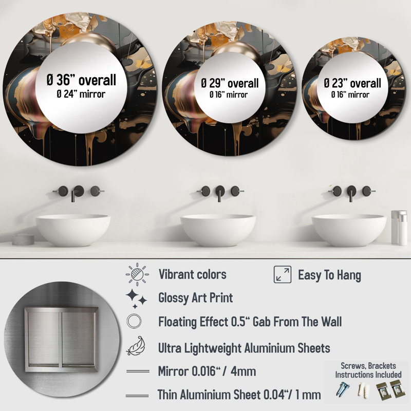 Solveiga Gold And Black Marble Mirage IV - Marble Decorative Wall Mirror, Gold Large Round Mirror, Printed Metal Art