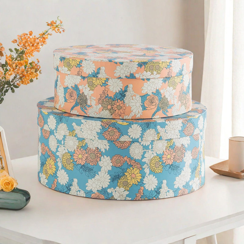 Buskus 2 Piece Decorative Box Set, Beige/Blue/White Floral 1