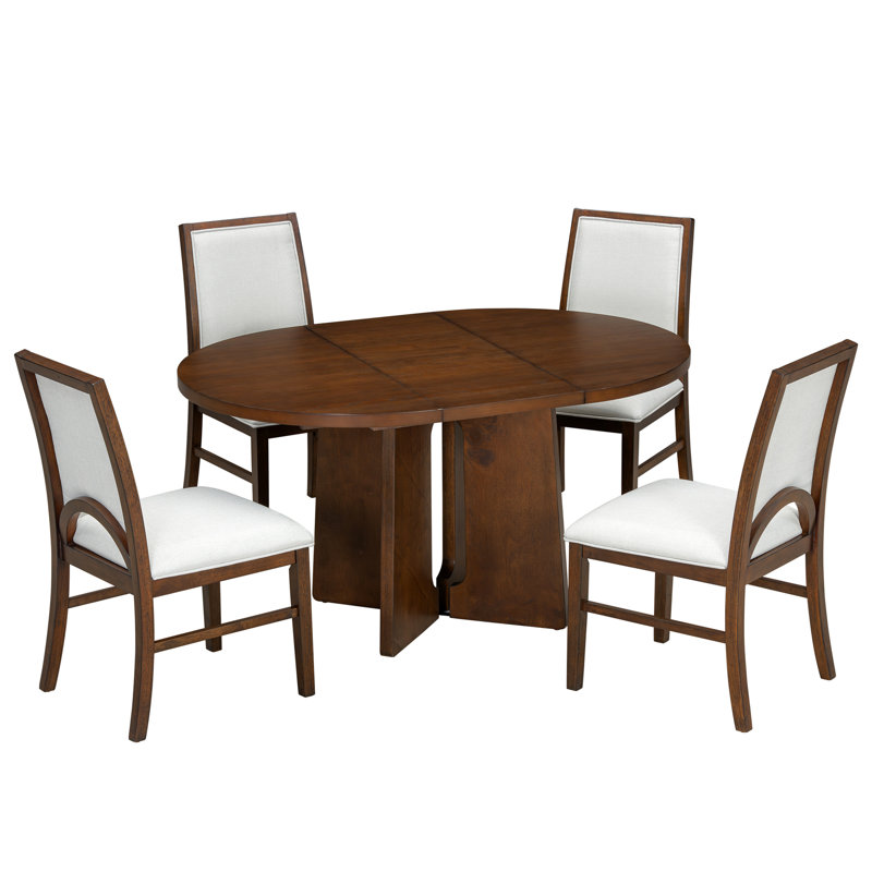 Table de salle à manger ronde en bois massif pour 4 personnes, ensemble de table de cuisine extensible avec 4 chaises de salle à manger rembourrées et rallonge amovible de 16 pouces pour la salle à manger, le salon, brun et beige