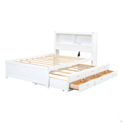 Full Size platform bed with trundle, drawers and USB plugs, White