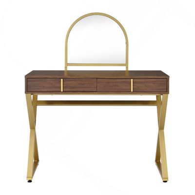 2 Drawers Vanity Desk With Mirror And Jewelry Tray, Walnut And Gold
