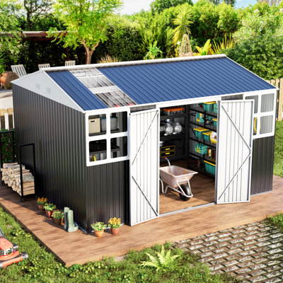 Remises et rangement d'extérieur 10 pi x 12 pi, remise en métal imperméable avec fenêtres, abri toutes saisons pour vélo, outils de jardinage, tondeuses à gazon, gris foncé