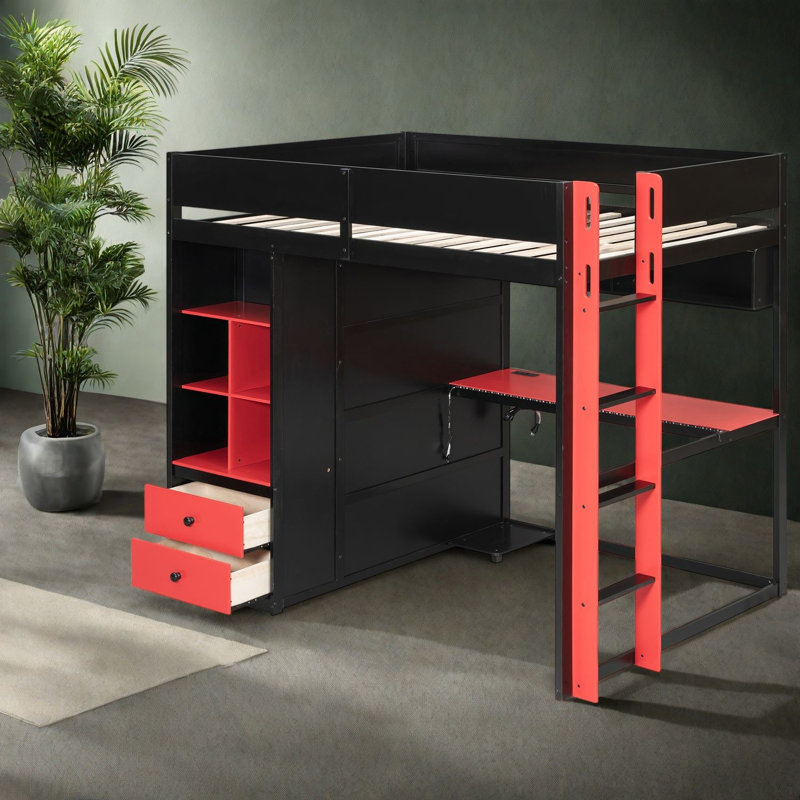 Lit mezzanine double avec bureau de rangement, maison de jeu moderne en bois MDF, Noir 3