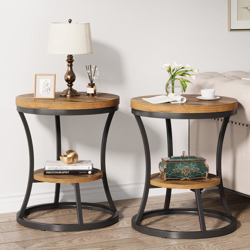 Ensemble de 2 tables de bout rondes Kaarina, Brun rustique, Noir