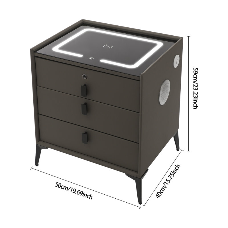 Smart Bedside With Drawers Three-Color Light, USB&Wireless Charging, Fingerprint Lock, And Bluetooth SpeakerÂ 110.23 Lbs Weight Capacity