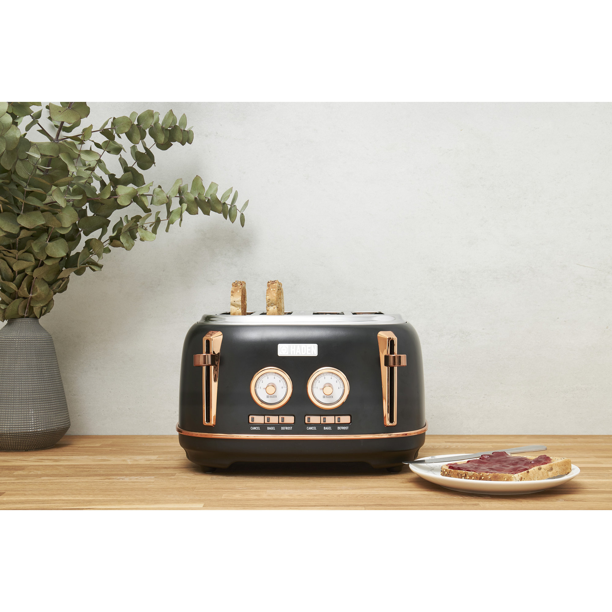 HADEN Dorset 4-Slice Wide Slot Toaster, Black/Copper
