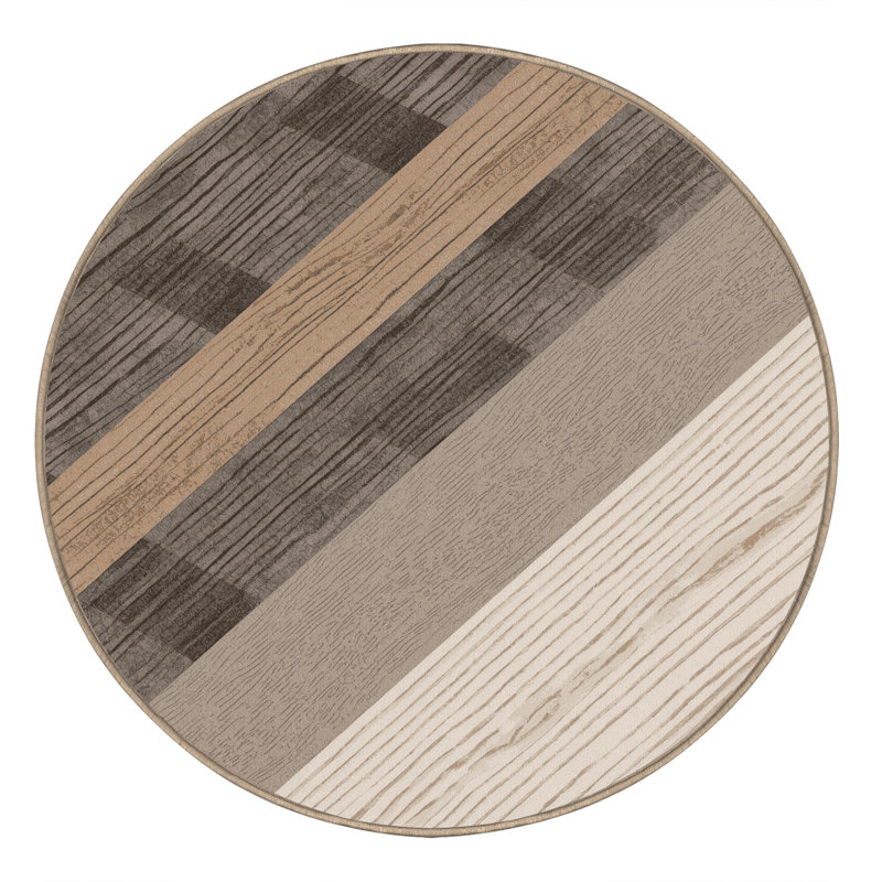 Tapis en bois rustique et lavable à la machine en gris Arverne, Rond 4 pi