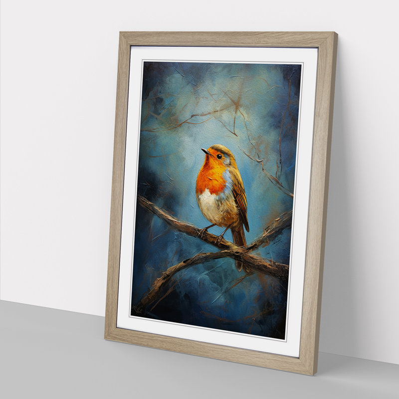 Robin Bird Expressionism No.2 - Single Picture Frame Print on Wood, Oak, 46cm H x 34cm W x 2cm D