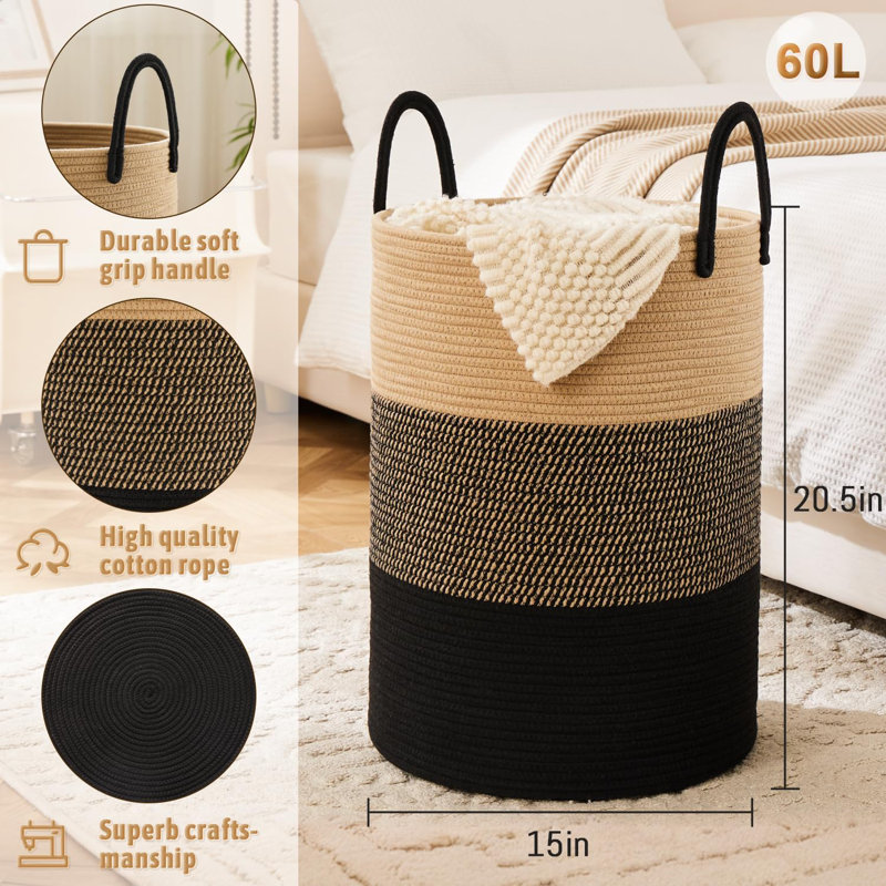 60l Woven Rope Laundry Basket Black