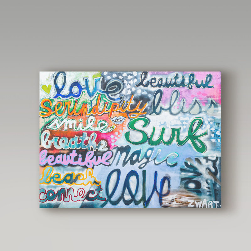 «Surf and Love Words», art textuel sur toile tendue, H 18 po x l 24 po x P 2 po