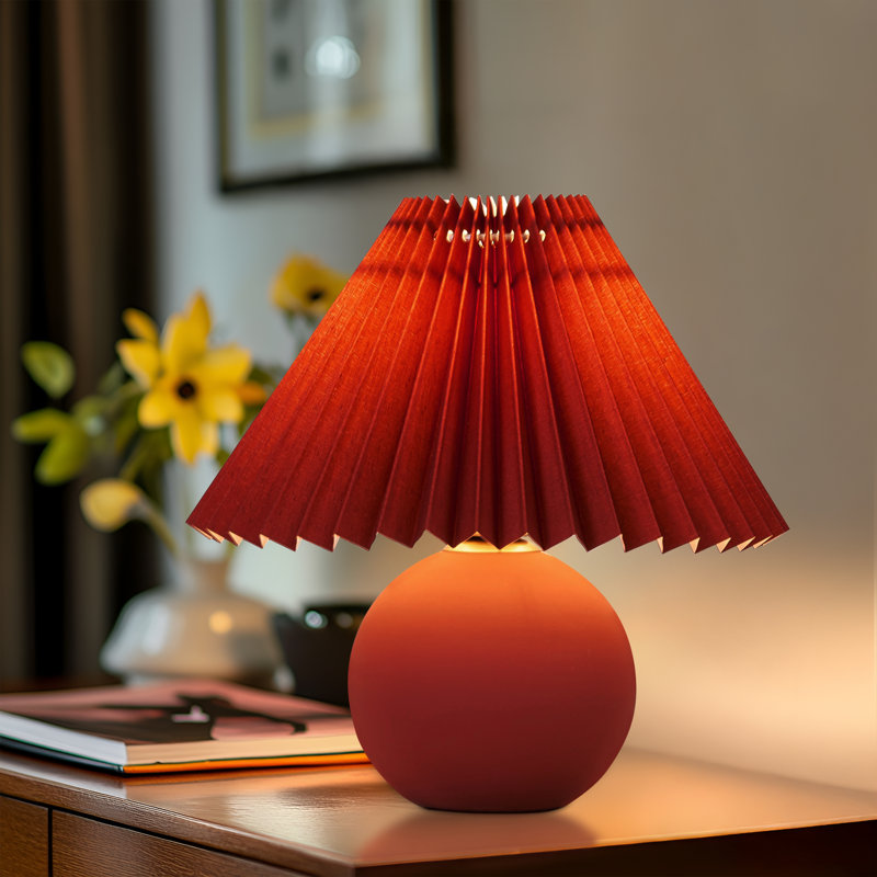 Serena 10" Retro Inspired Ceramic LED Table Lamp with Red Fabric Pleated Shade, Red