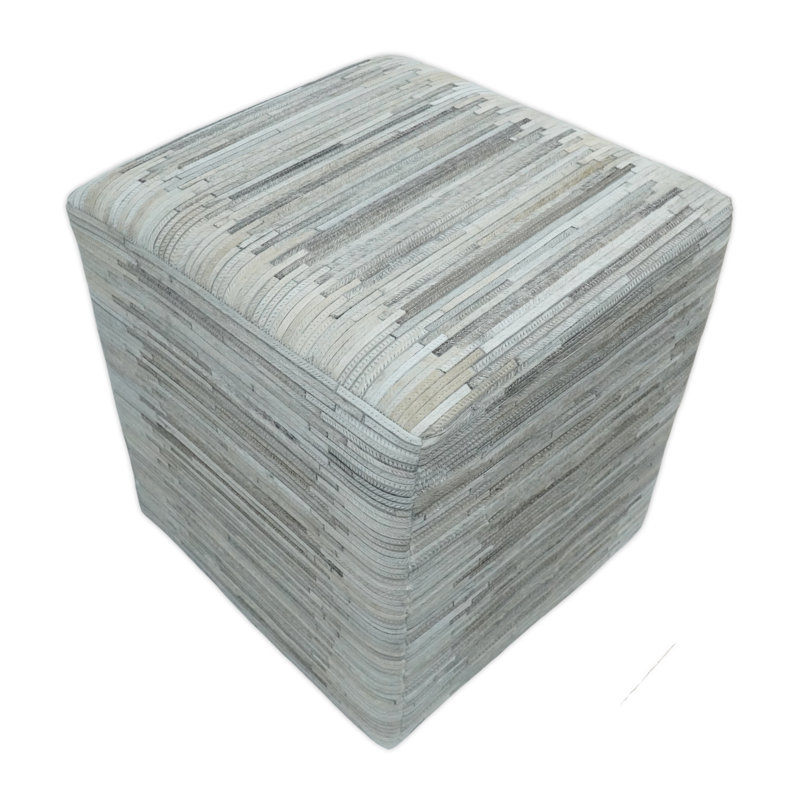 Zealand Leather Pouf, Ivory/Gray Genuine Leather
