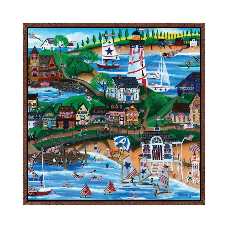 Old New England Seaside 4th Of July Celebration by Cheryl Bartley - Painting on Canvas, Classic Brown Wood Framed