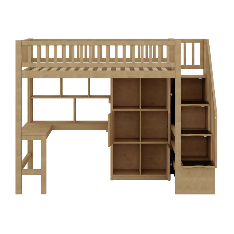 Lit mezzanine en bois avec bureau intégré, DEL, tablettes de rangement, armoires et escalier, Noyer