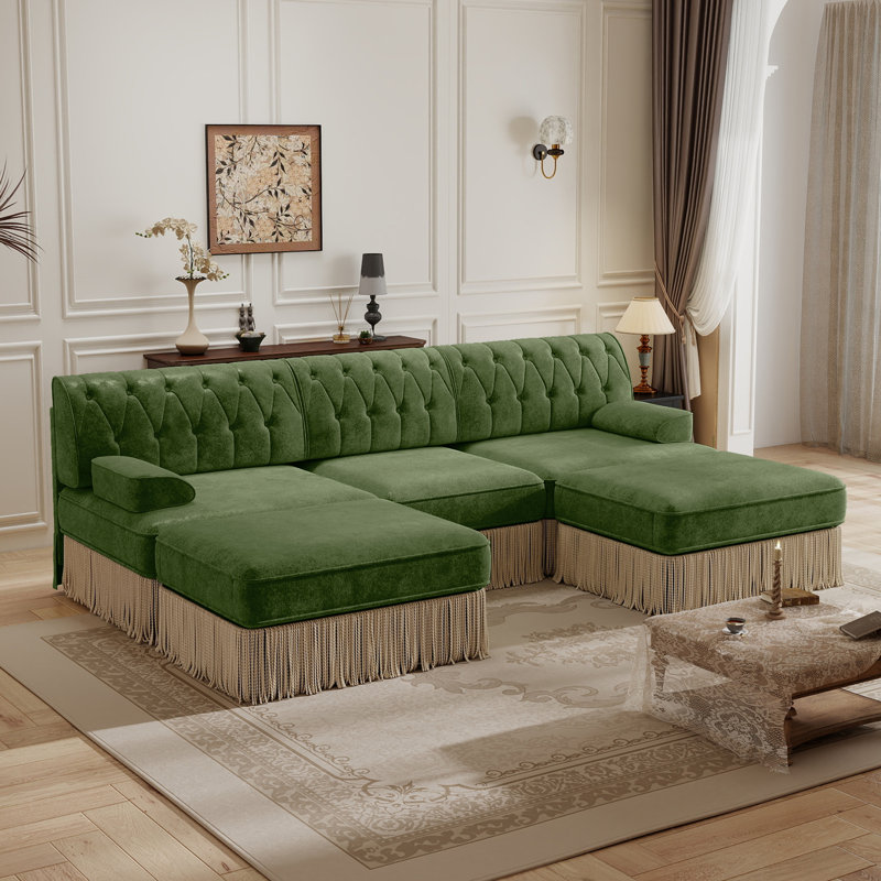 Luxurious Velvet Modular U Shaped Sectional Sofa With 2 Ottomans,3-Seater Chesterfield Sofa With Tufted Design And Tassel Fringe Skirt