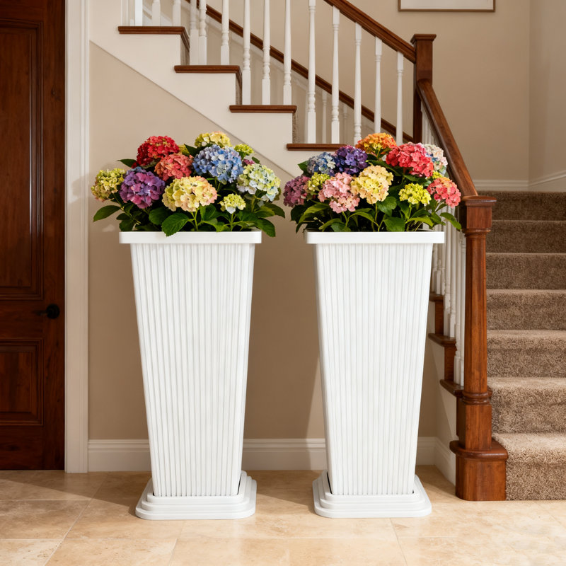 Tall Tapered Plastic Planter Set of 2 with Tray – 24"H Large Indoor & Outdoor Planters for Porch, Patio, Backyard, White