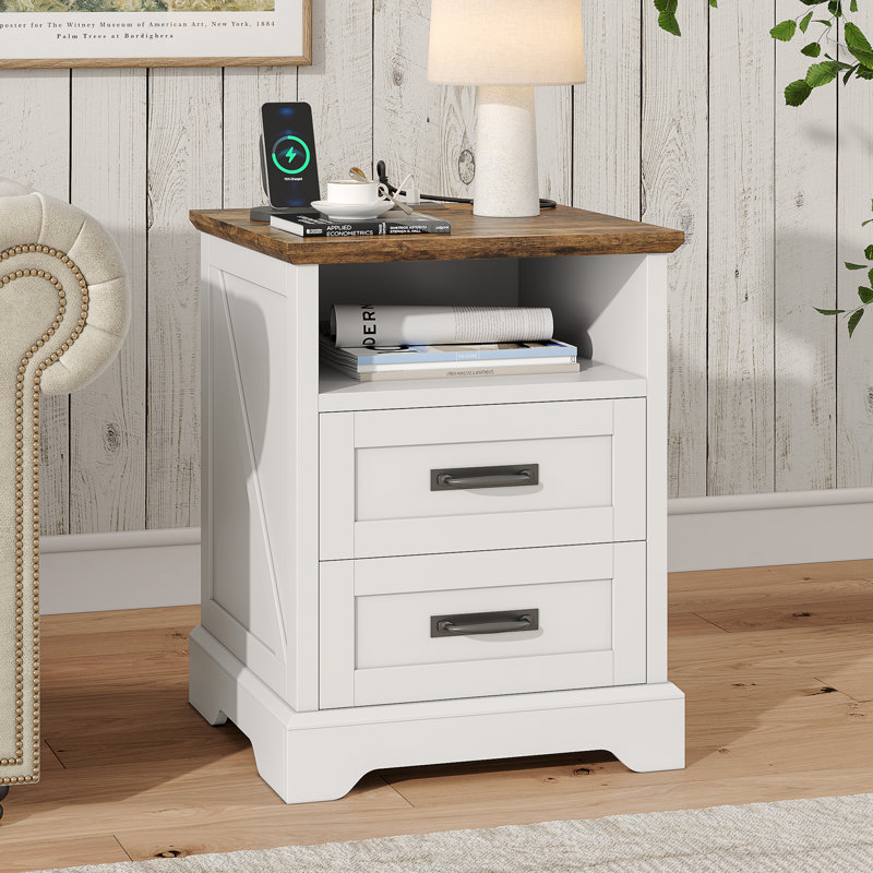 Farmhouse Nightstand with Charging Station, 2 Drawers Bed Side Table, 18 inch Wide End Table for Bedroom, Living Room