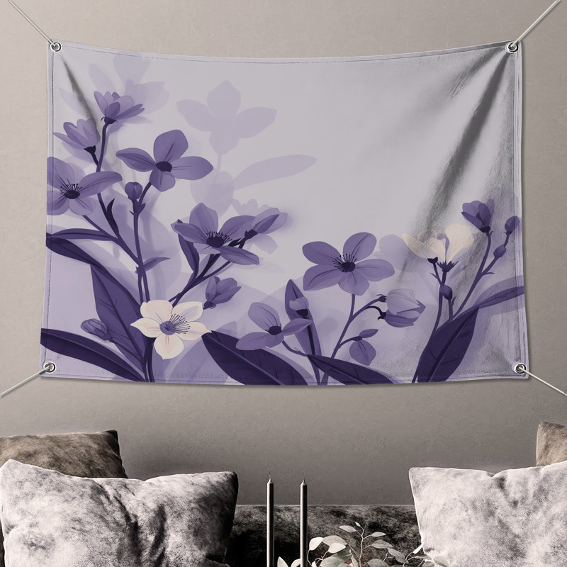 Tapisserie murale mauve à motif floral - Décoration murale fleurs, H 50 po x l 60 po avec 4 œillets