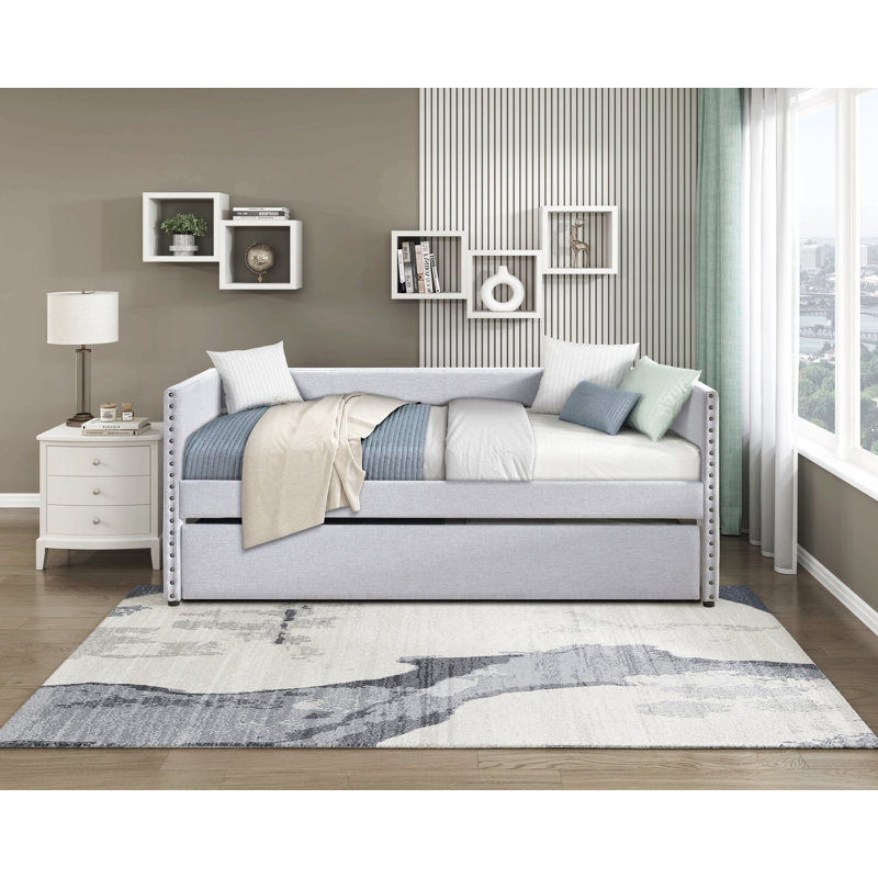 Lit de jour moderne avec lit gigogne escamotable avec poches latérales et garniture cloutée, Gris clair