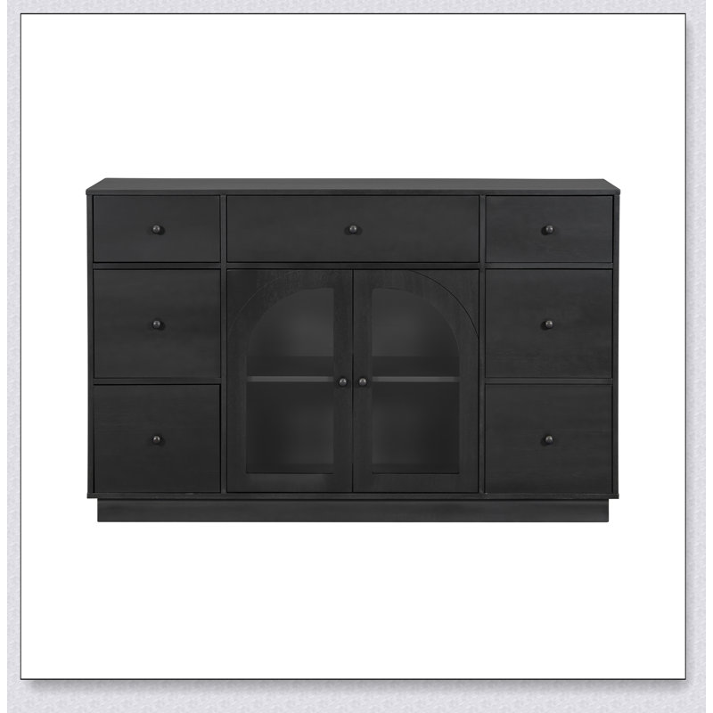 Armoire de rangement spacieuse avec 2 portes et 7 tiroirs, idéale pour le salon et la salle à manger, noir, Noir
