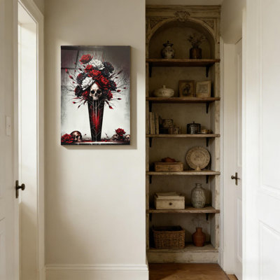Art sur toile crâne floral macabre, roses rouges et noires, art mural, support de cadre en bois massif, 16 x 24