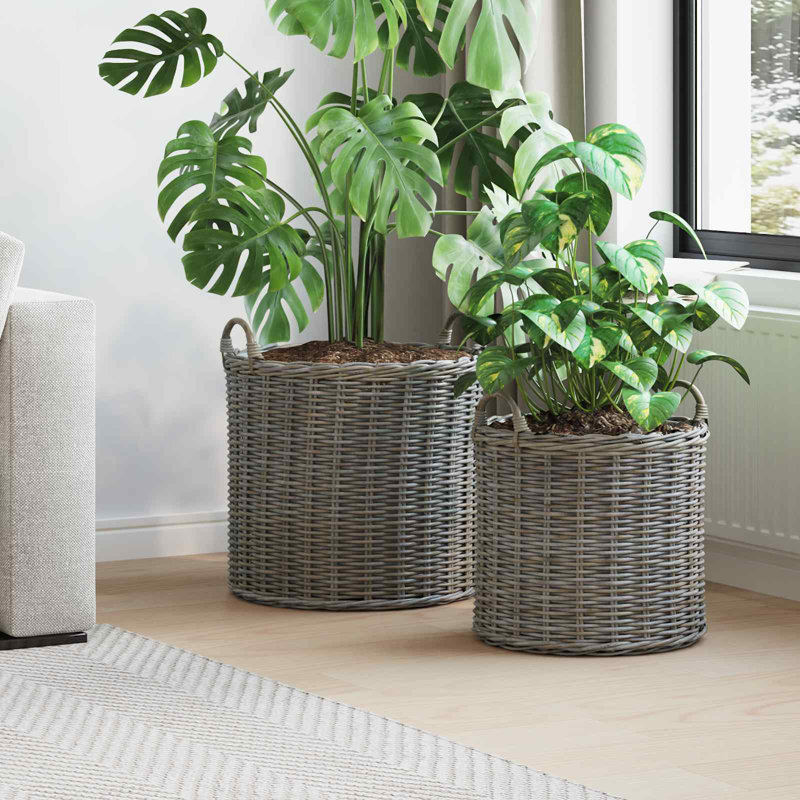 Vidaxl Planter Basket With Storage 2 Pcs Lacak Rattan Decorative Container, Grey