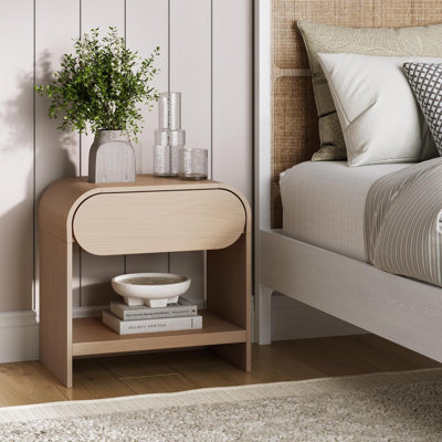 21" Modern Nightstand for Bedroom, 2 Drawers Fluted Night Stand Bedside Table with Storage, Natural Texture, Curved Edge