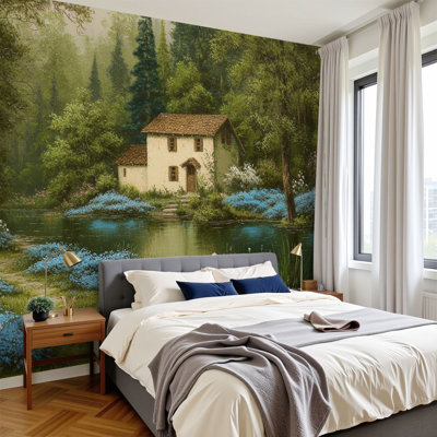 Papier peint à peler et coller, paysage, maison de campagne rétro, Cottagecore, peintures murales françaises rustiques rétro, H 100 po x l 144 po, papier mural amovible en PVC, autocollant, pour chambre, salon, bureau à domicile