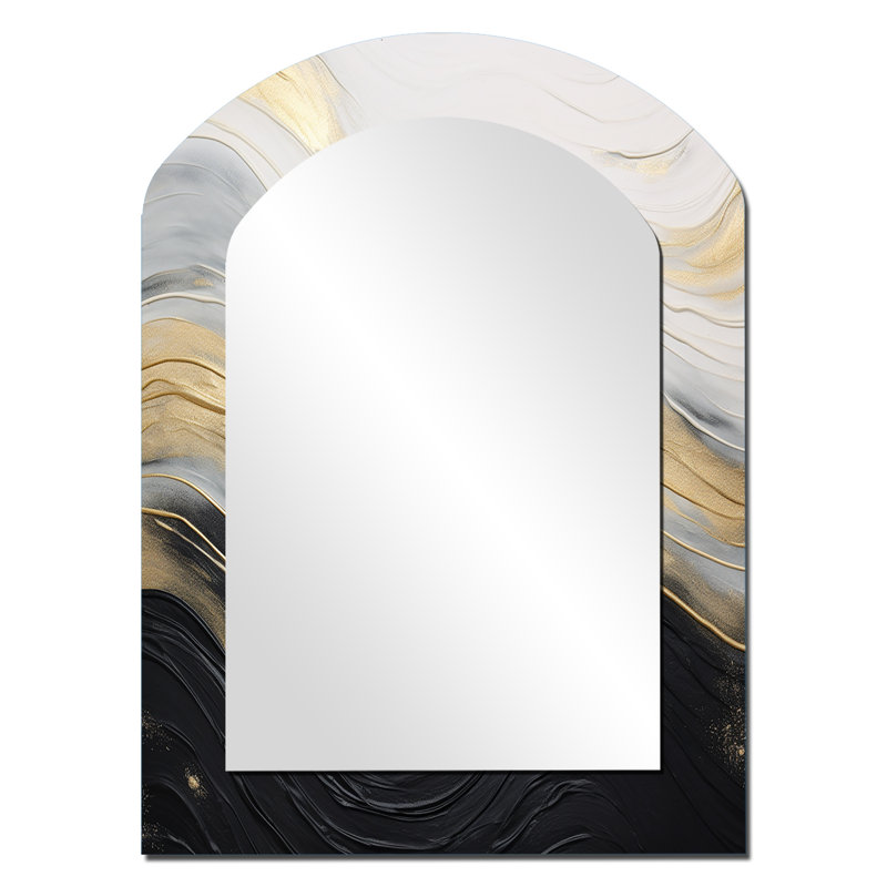 Or et noir Soft Wave Fusion II - miroir asymétrique à formes abstraites, miroir mural unique à arche beige, impression sur métal