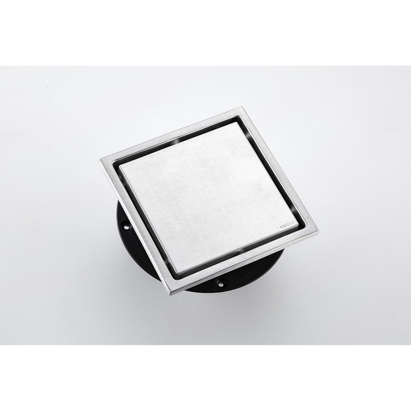 6 Inch Square Shower Floor Drain, Brushed Nickel