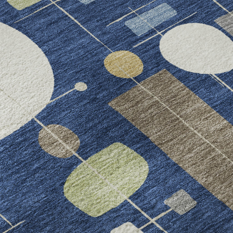 Premium Machine Washable Mayfield AMF2393 Geometric Rug, Navy, 8' Round