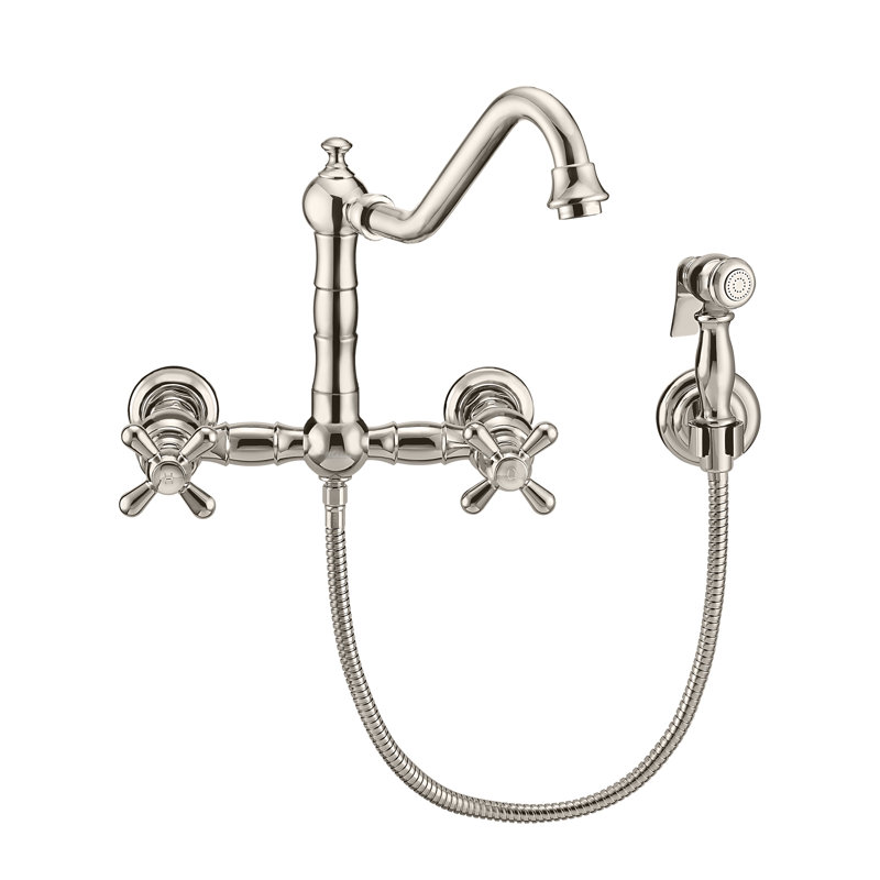 Whitehaus Wall Mount Faucet with Long Traditional Swivel Spout and Solid Brass Side Spray, Polished Nickel, Cross
