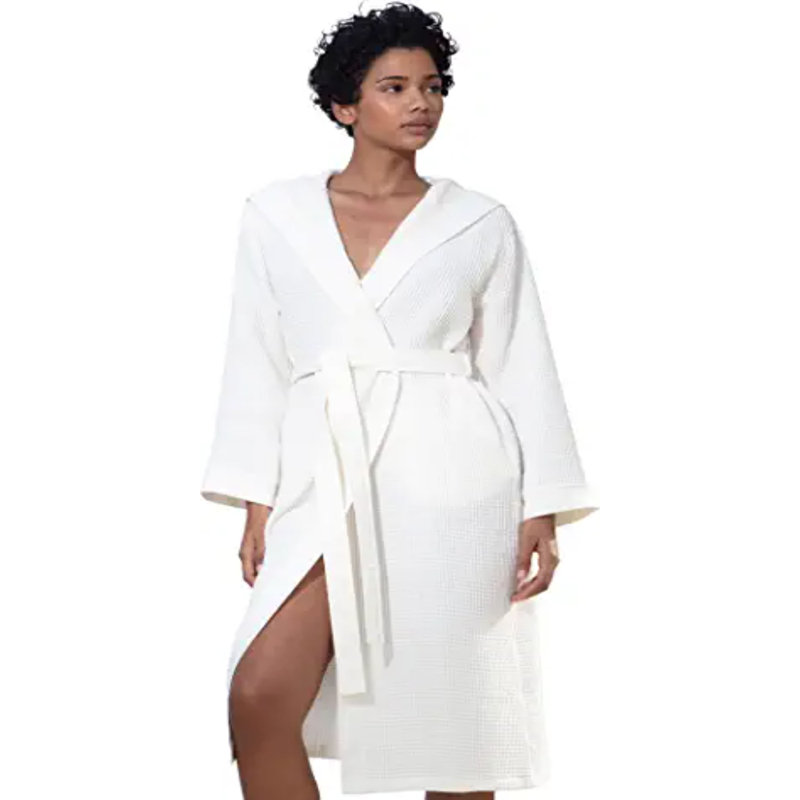 Peignoir mi-mollet en coton avec poches et capuche, Blanc cassé, XL