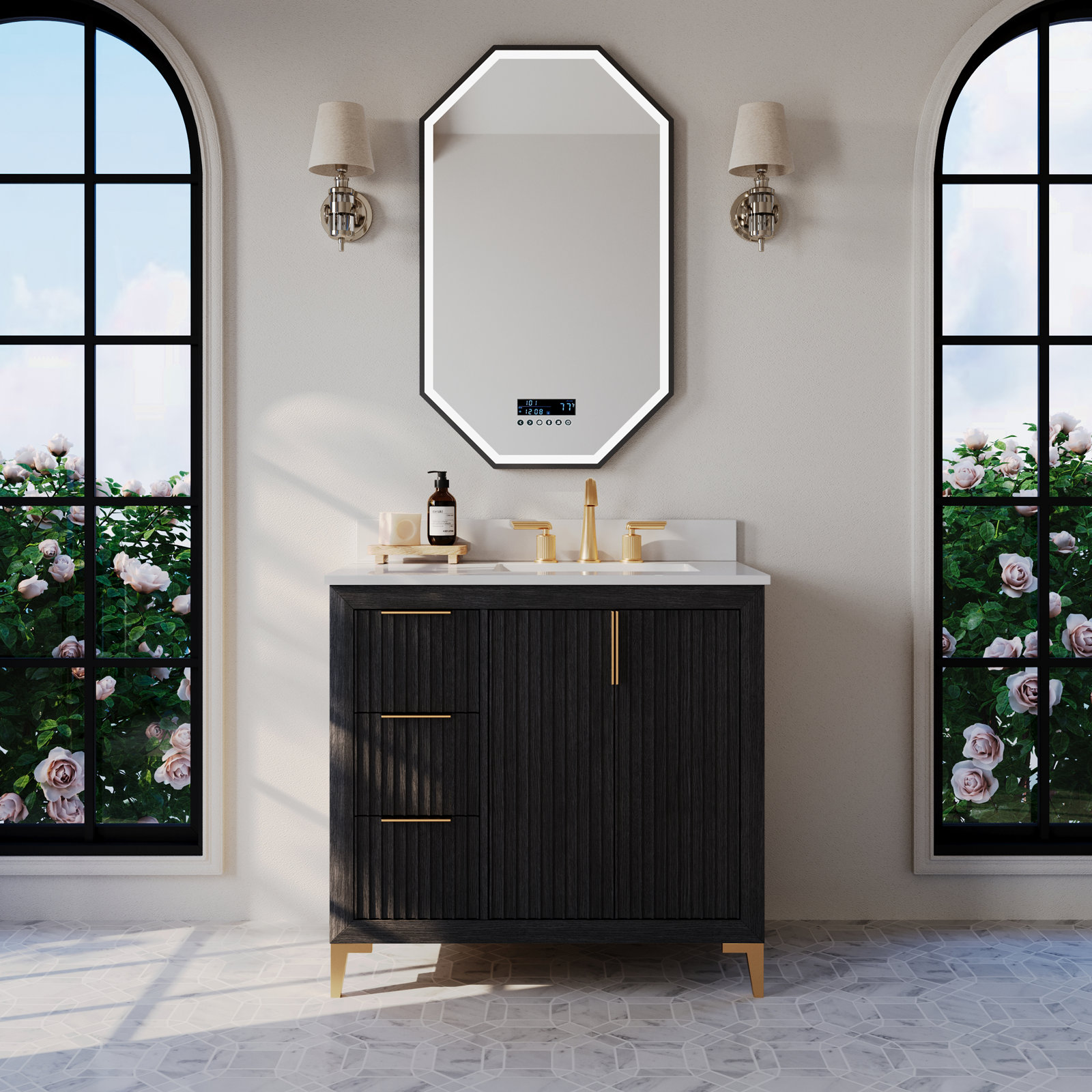 Turlington  Bath Vanity Set With White Quartz Vanity Top And White Undermount Basin, Black Oak, 36"