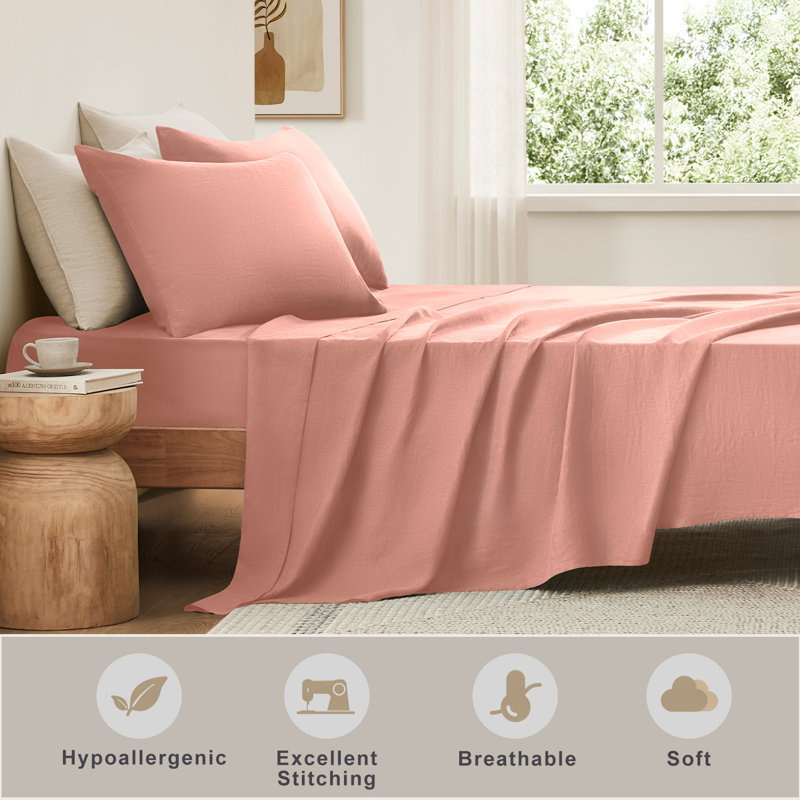 TOSMO Pure Linen Sheets, Queen Sheet Set with 2 Pillowcases, Pink