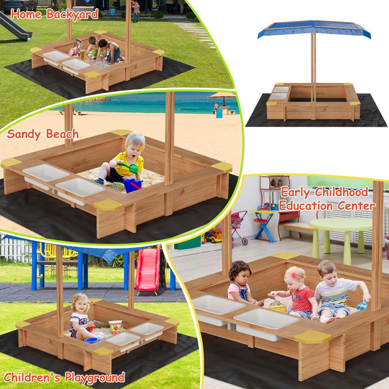 Wooden Sandbox With 2 Plastic Boxes, Outdoor Sand Box With Bottom Liner, Adjustable Height & Rotatable Canopy, Anti-Collision Design