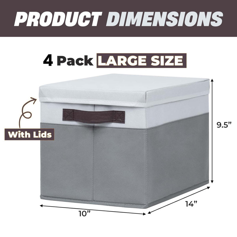 4 Pack Large Storage Baskets With Lids – Stackable Gray Organizer Bins, 14" X 10" X 9.5", For Closet, Bedroom, Nursery