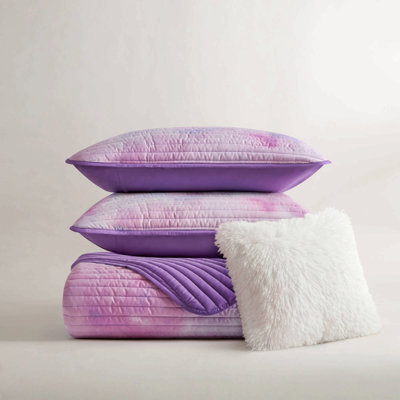 4 Piece Microfiber Tie Dye Quilted Quilt Set Purple Full/Queen