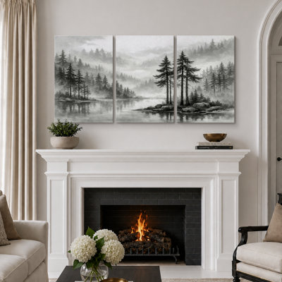 «Black White Pine Lake», art du paysage, images de salon, estampe numérique sur toile encadrée, 3 pièces