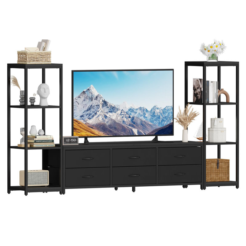 89" TV Stand with 6 Fabric Drawers & 4-Tier Shelves, Modern Entertainment Center for TVs up to 75", Black