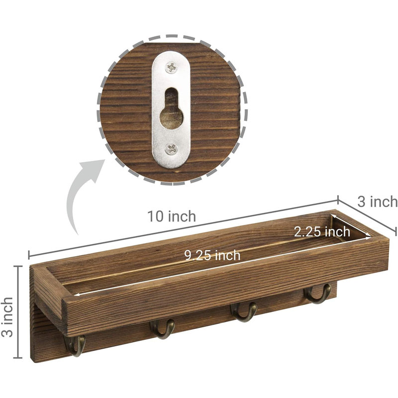 Solid Wood Wall Organizer with Key Hooks, Brown