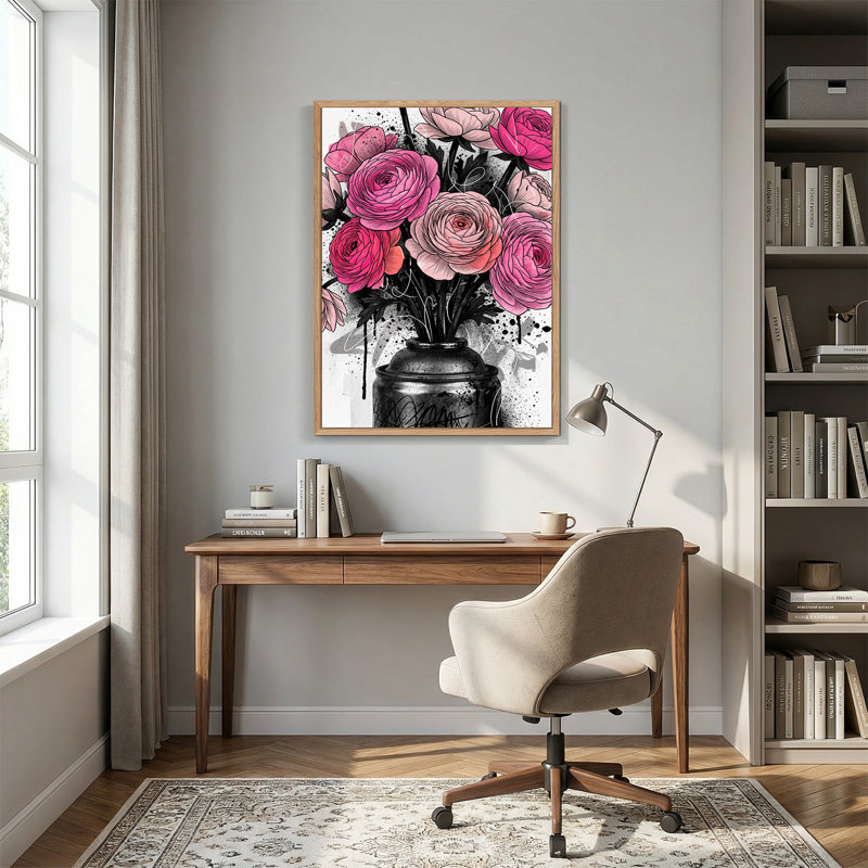 Art floral sur toile en forme de pot de fleurs roses et renoncules roses, H 24 po x l 18 po