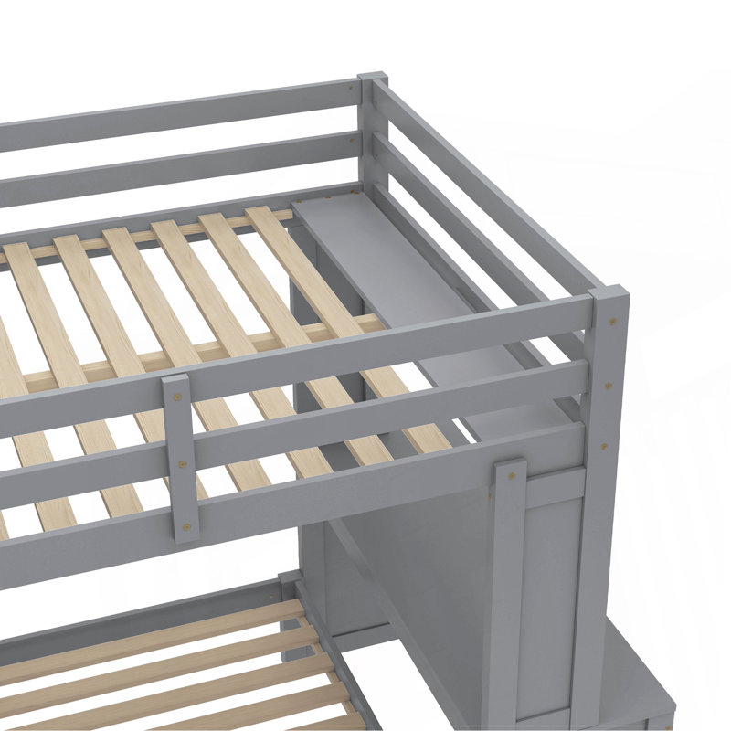 Full XL/Full Over Twin Bunk Bed With Dismountable Lower Bed And Desk, Solid Wood Bunk Beds Frame With Built-In Shelves And Wardrobe, Can Be Converted Into Loft Bed, Grey