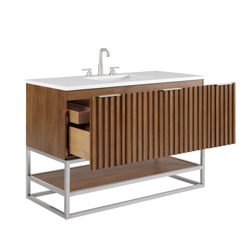 Terra 48'' Single Bathroom Vanity with Top, Carrara Marble/Single Faucet Mount, Walnut, Satin Brass