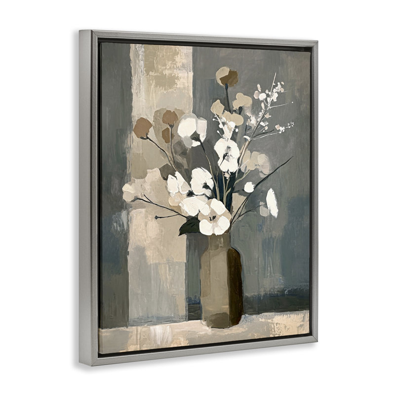 «Neutral Floral Vase» par Ramona Murdock, Cadre flottant gris lustré, H 21 po x l 17 po