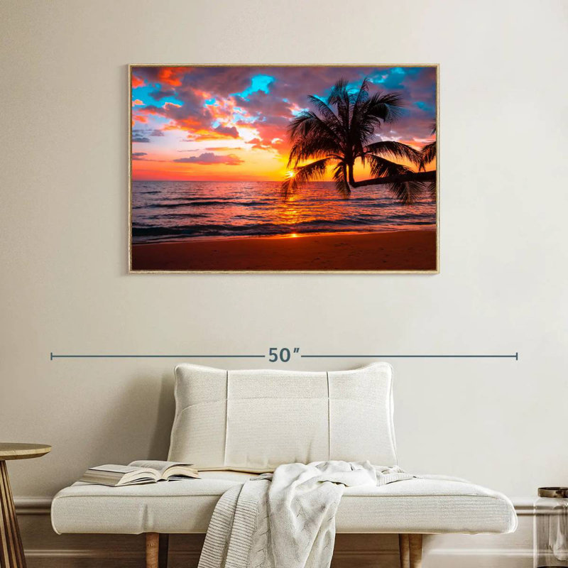 Coucher de soleil sur l'île, Cadre flottant en bois naturel, 40 po x 27 po