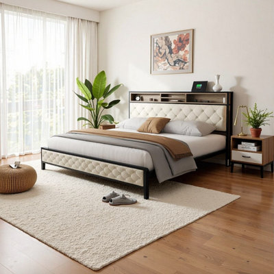 King Size Storage Bed Frame with Charging Station, Upholstered Headboard & Footboard, Platform Foundation - No Box Spring Required